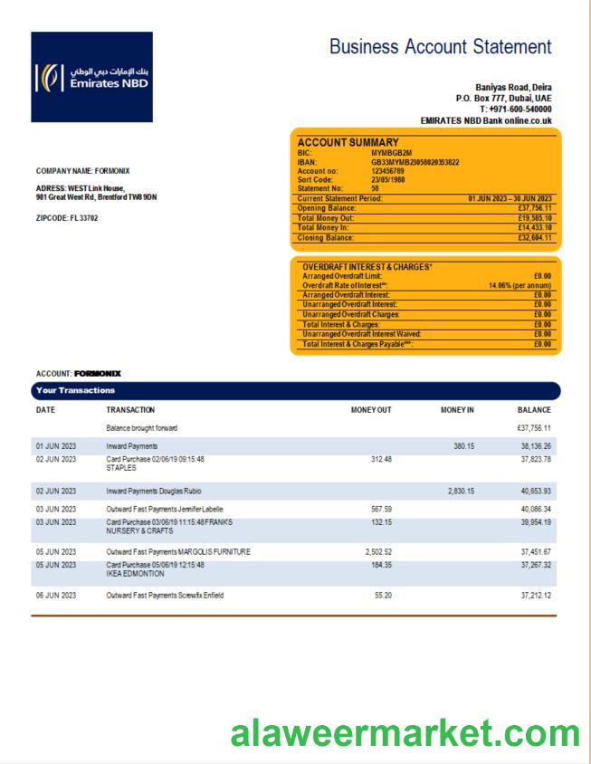 Emirates NBD Bank organization statement Word and PDF template